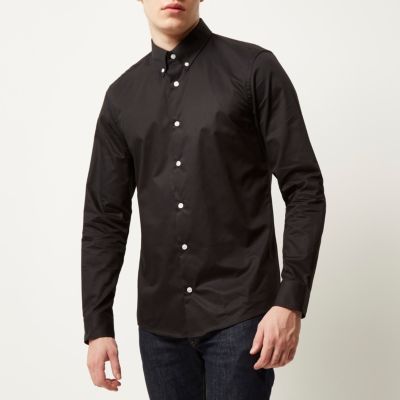 Black twill button collar slim shirt